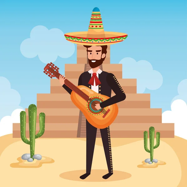 Mariachi messicani con carattere di chitarra — Vettoriale Stock