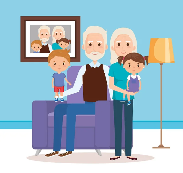 Grands-parents avec petits-enfants dans le salon — Image vectorielle