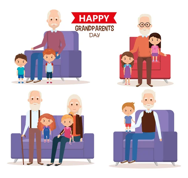 Cute grandparents couple with grandchildren — Stock Vector