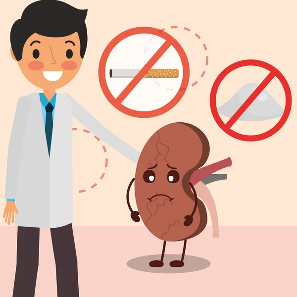Doctor dibujos animados riñón prohibido sal y tabaco — Archivo Imágenes Vectoriales