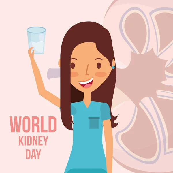 Χαριτωμένο γυναίκα με ποτήρι νερού παγκόσμια ημέρα νεφρού — Διανυσματικό Αρχείο