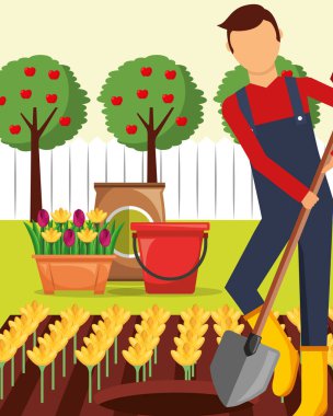 Bahçıvan adam Bahçe çiçek dikim kürek ile