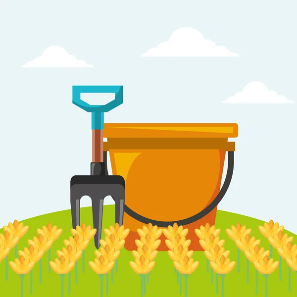Seau fourchette et fleurs jardin jardinage image — Image vectorielle