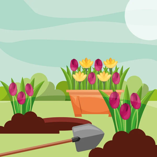 鉢植えのチューリップが花を植えてシャベル ガーデニング イメージ — ストックベクタ