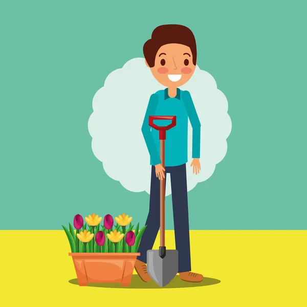 Kreskówka mężczyzna trzyma łopatę i kwiaty doniczkowe, ogrodnictwo — Wektor stockowy