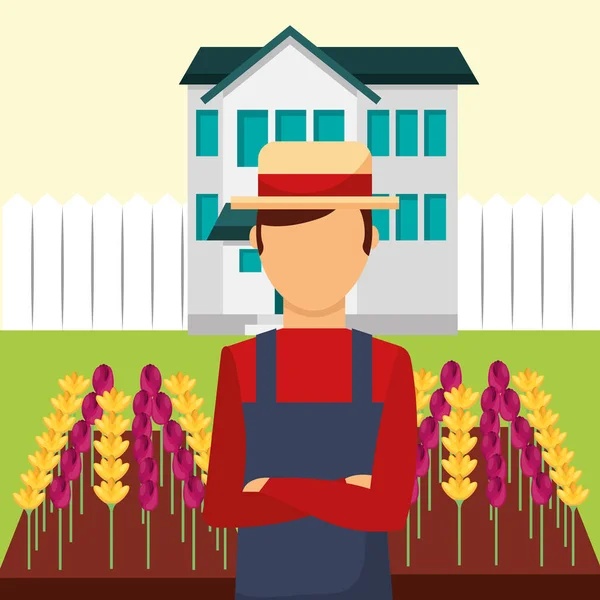 Jardinero hombre en la casa flores jardín — Vector de stock