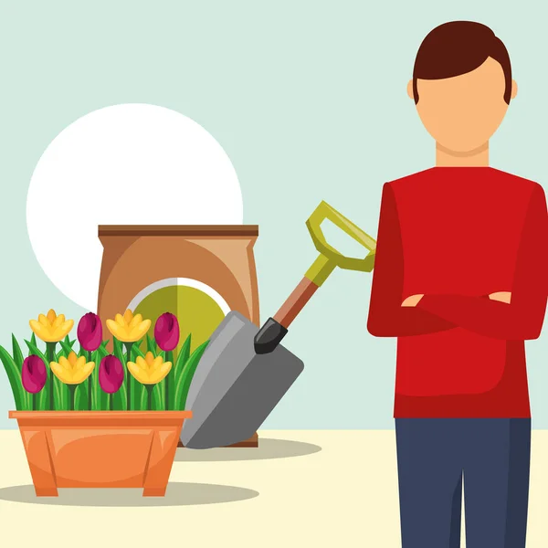Mężczyzna ogrodnik doniczkowe kwiaty łopatę i pakiet — Wektor stockowy