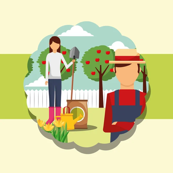Ogrodnicy mężczyzna i kobieta łopata zainaugurowano konewka ogrodnictwo — Wektor stockowy
