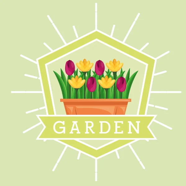 Garden potted flowers decoration emblem image — Stock Vector