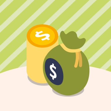 yığılmış paraları dolar ve çanta para izometrik