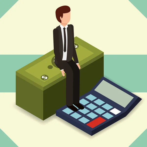 Uomo d'affari seduto sulla banconota pila e calcolatrice denaro isometrico — Vettoriale Stock