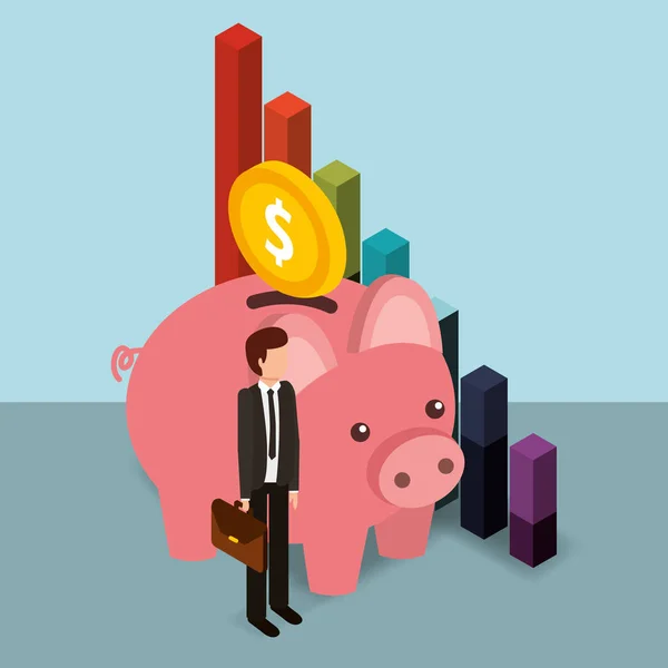 businessman piggy bank coin and diagram money isometric
