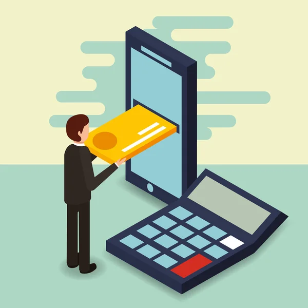 Biznesmen smartphone karty kredytowej i Kalkulator pieniądze izometryczny — Wektor stockowy