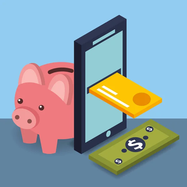 smartphone credit card banknote and piggy bank money isometric