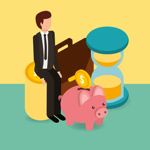 businessman on pile coins piggy bank hourglass and briefcase money isometric