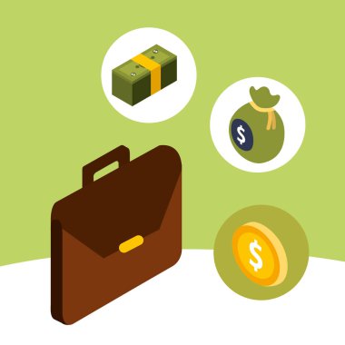 iş evrak çantası para banknot ve çanta para izometrik