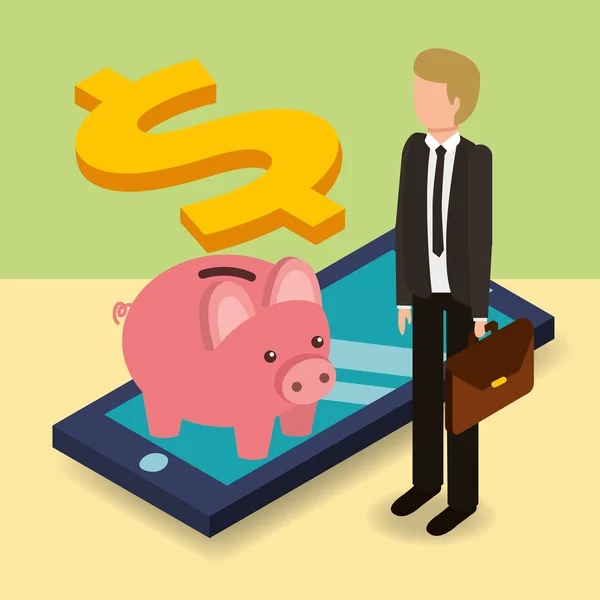 Hombre Negocios Alcancía Con Dinero Del Teléfono Celular Ilustración Vectorial — Vector de stock