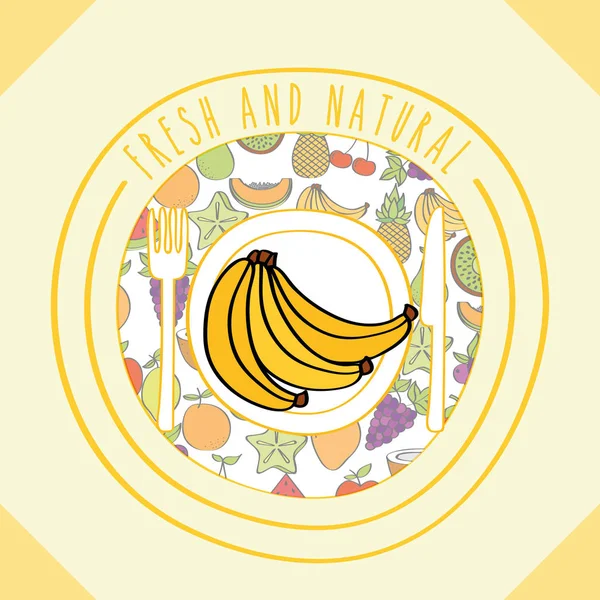 Banan färska och naturliga frukter mat etikett — Stock vektor