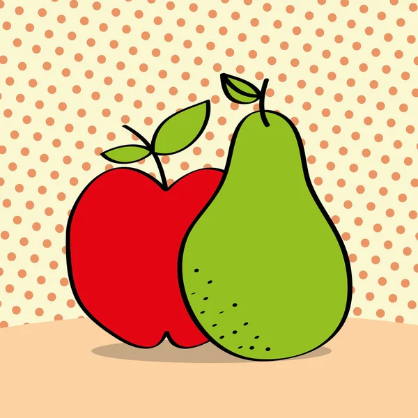 Manzana fresca y pera sobre fondo punteado — Vector de stock