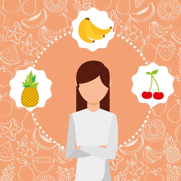Ritratto donna con frutta fresca biologica immagine — Vettoriale Stock
