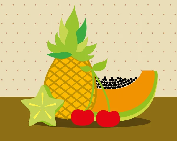 Natureza sempre fresca nutrição frutas abacaxi mamão cereja carambola — Vetor de Stock