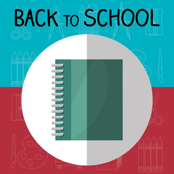 Volver a la etiqueta de la escuela con cuaderno — Vector de stock