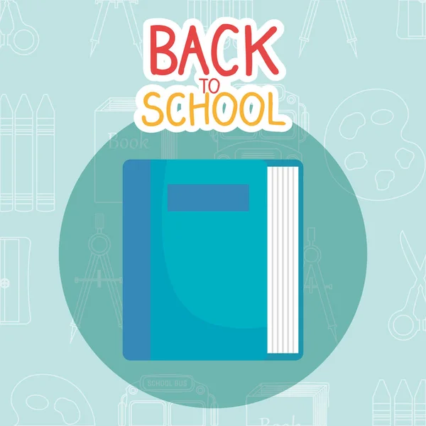 Volver a la etiqueta de la escuela con libros y suministros — Archivo Imágenes Vectoriales
