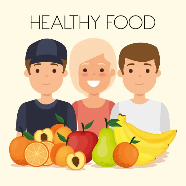 Giovani con frutta cibo sano — Vettoriale Stock