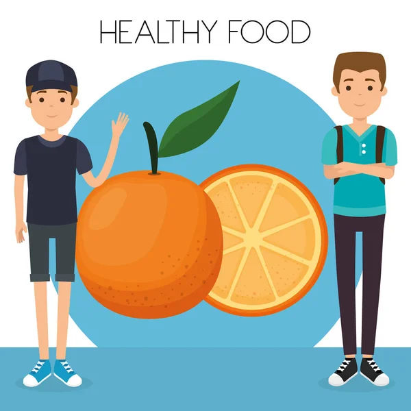 Молодые люди с апельсиновой здоровой пищи — стоковый вектор