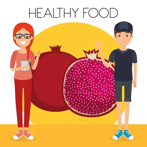 Young couple with pomegranate healthy food — Stock Vector