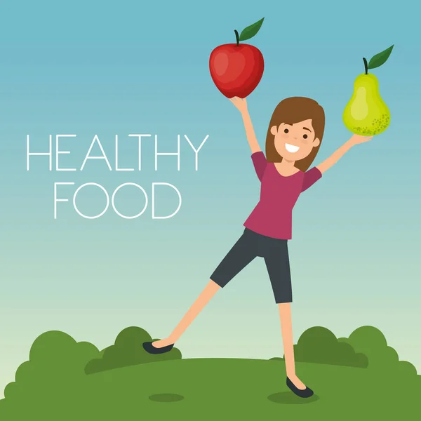 Mujer joven con frutas comida saludable — Vector de stock