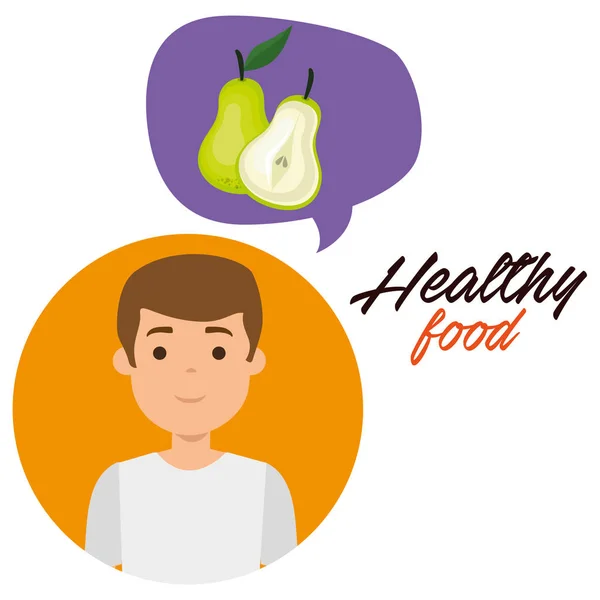 Young man with pear healthy food — Stock Vector