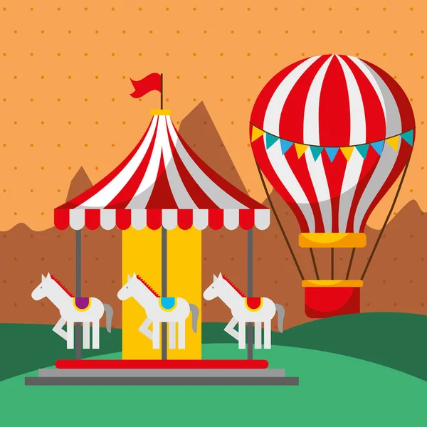 Carousel and hot air balloon carnival fun fair festival — Stock Vector