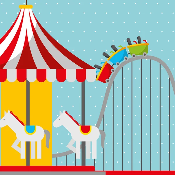 Roller coaster and carousel carnival fun fair festival — Stock Vector