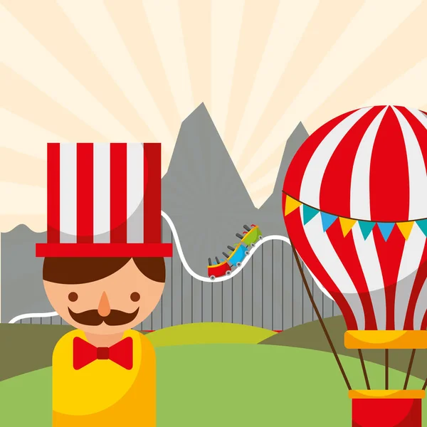 Muž horkovzdušný balón a horská dráha karneval fun fair festivalu — Stockový vektor