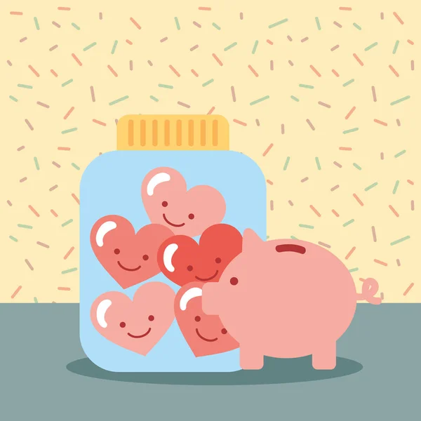 Porquinho banco jar cheio amor corações doar caridade —  Vetores de Stock