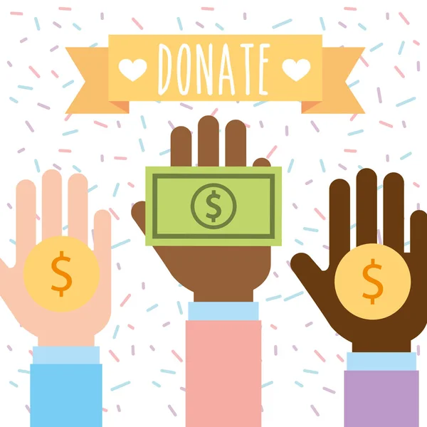 Raised hand multiethnic with money donate charity image — Stock Vector