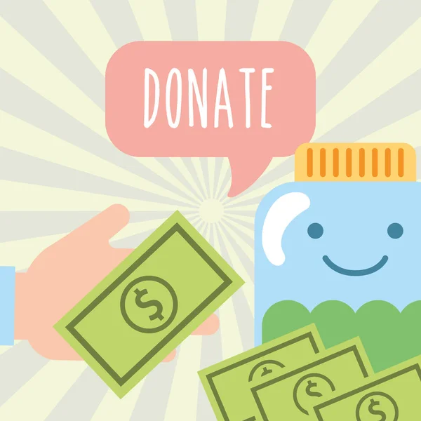 Mano con dinero y frasco de billetes donar caridad — Archivo Imágenes Vectoriales