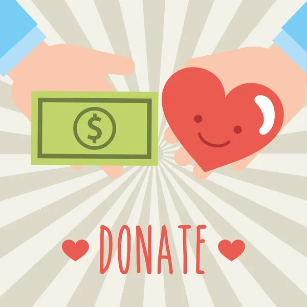 Banknot ve kalp holding eller hayırseverlik bağış — Stok Vektör