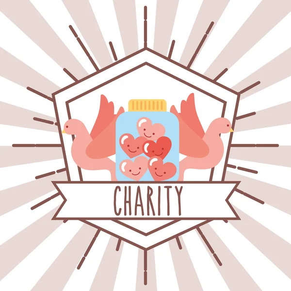Pigeons jar hearts retro emblem charity image — Stock Vector