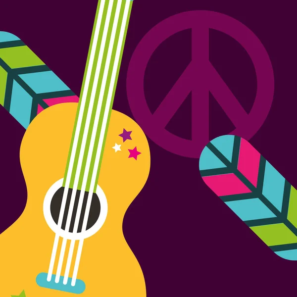 Musical guitar feathers peace and love sign hippie free spirit — Stock Vector