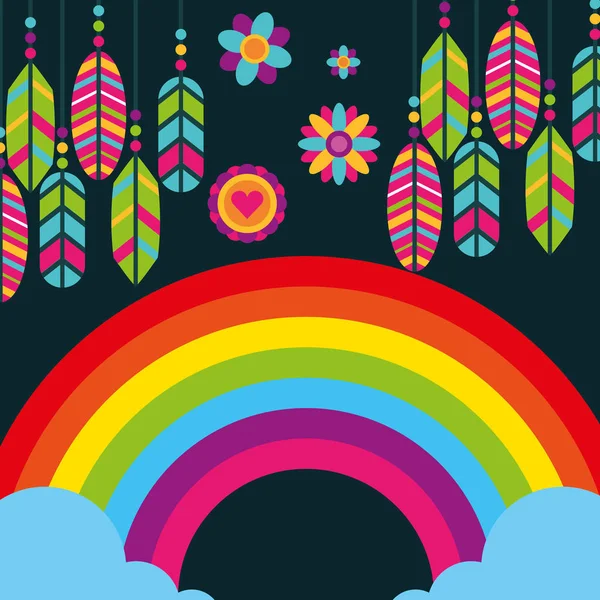 Hippie arco iris plumas flores boho espíritu libre — Archivo Imágenes Vectoriales