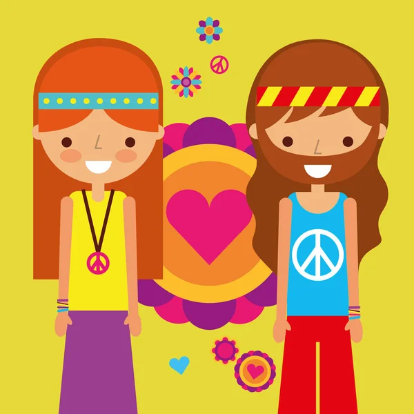Hippie γυναίκα και άντρας ειρήνη και αγάπη καρδιά αγάπη — Διανυσματικό Αρχείο