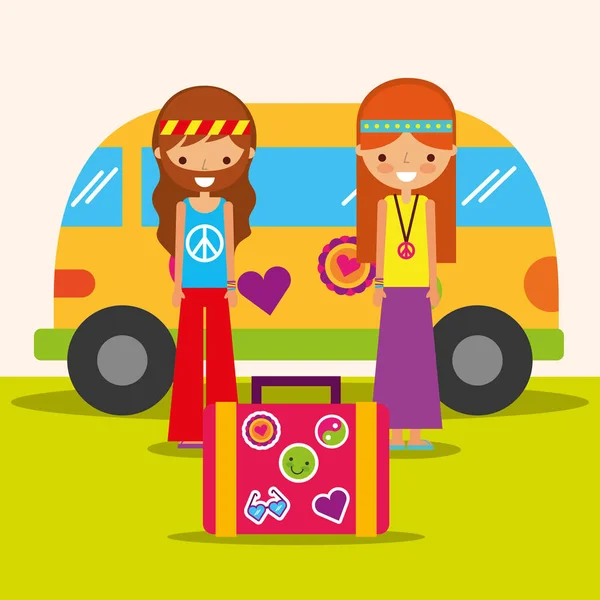 Hippie donna e uomo con furgone e valigia spirito libero — Vettoriale Stock