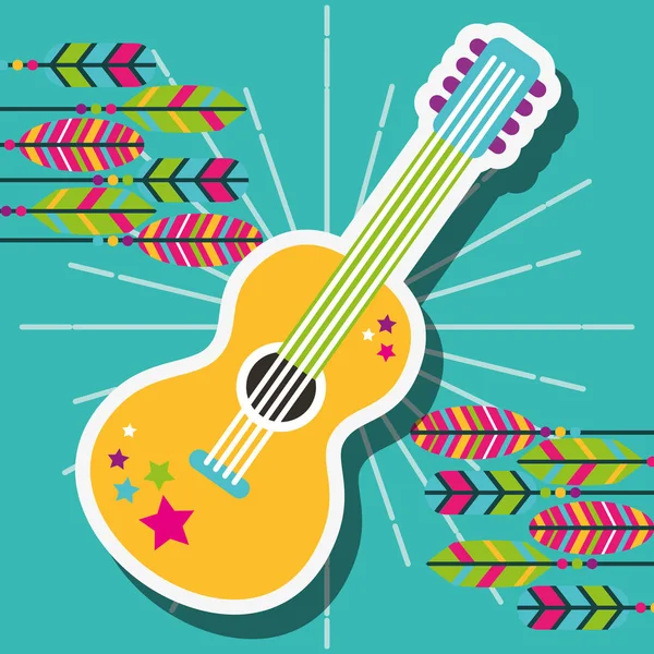 Guitarra retro con pegatinas y plumas espíritu libre — Vector de stock