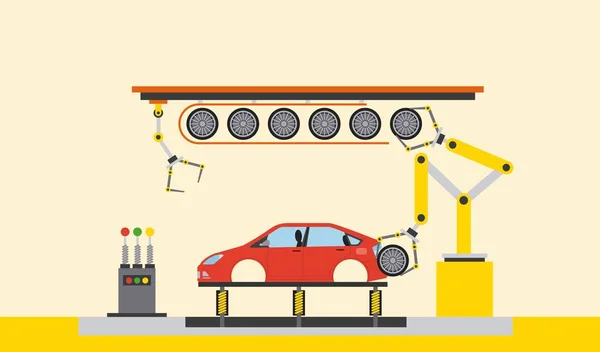 Montagem de pneus de processo de fábrica de produção de carro —  Vetores de Stock