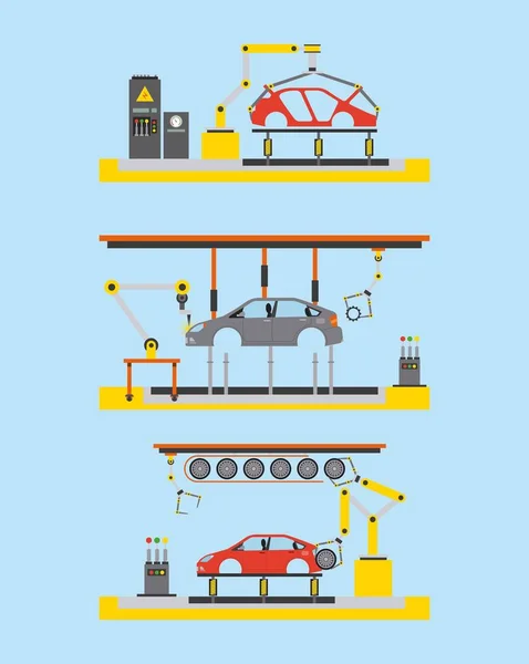 Processo de fábrica de produção de automóveis passo robô automático funciona —  Vetores de Stock