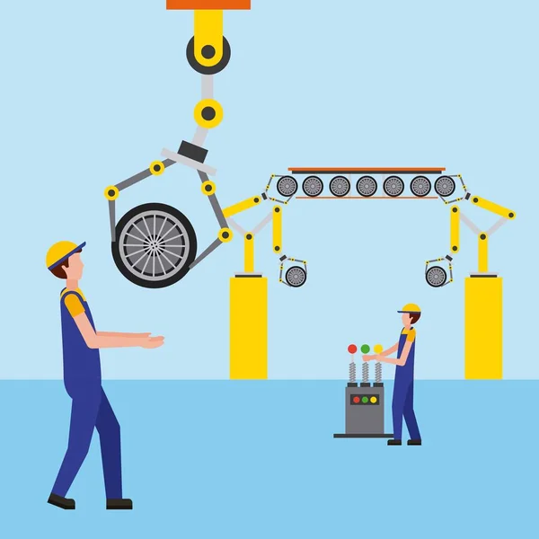 Trabajadores del automóvil en el proceso de instalación de neumáticos industria automotriz — Archivo Imágenes Vectoriales