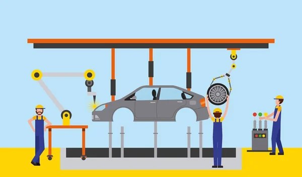 Carrocería del coche en la línea de montaje el transportador en la fábrica — Vector de stock