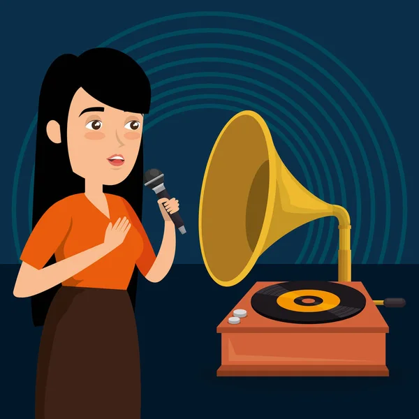 Vrouw die zingt met microfoon — Stockvector